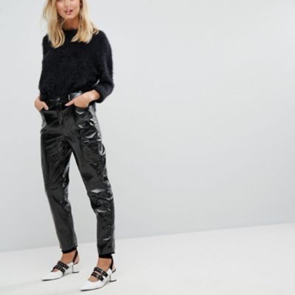 Stradivarius Vinyl Hot Vegan Crinkle Patent Leather Pants S 4 Tapered Slim Fit - Picture 1 of 5